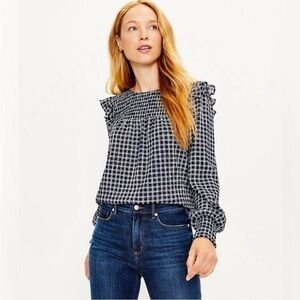 LOFT Navy & White Smocked Ruffle Long Sleeve Blouse